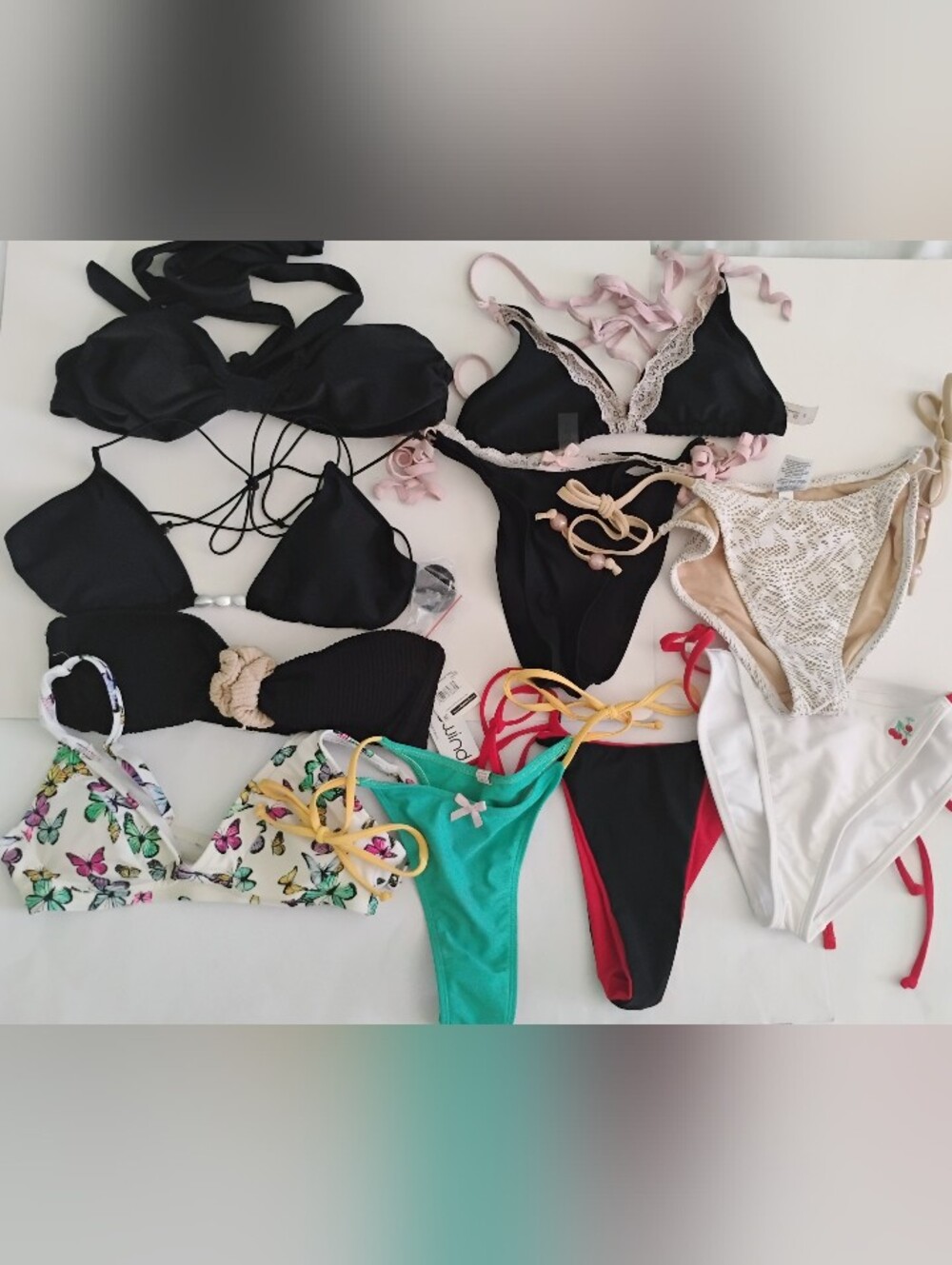 Women’s Small/M Bikini Swimsuits Lot 10 Piece Black, Butterflies, Crinkle